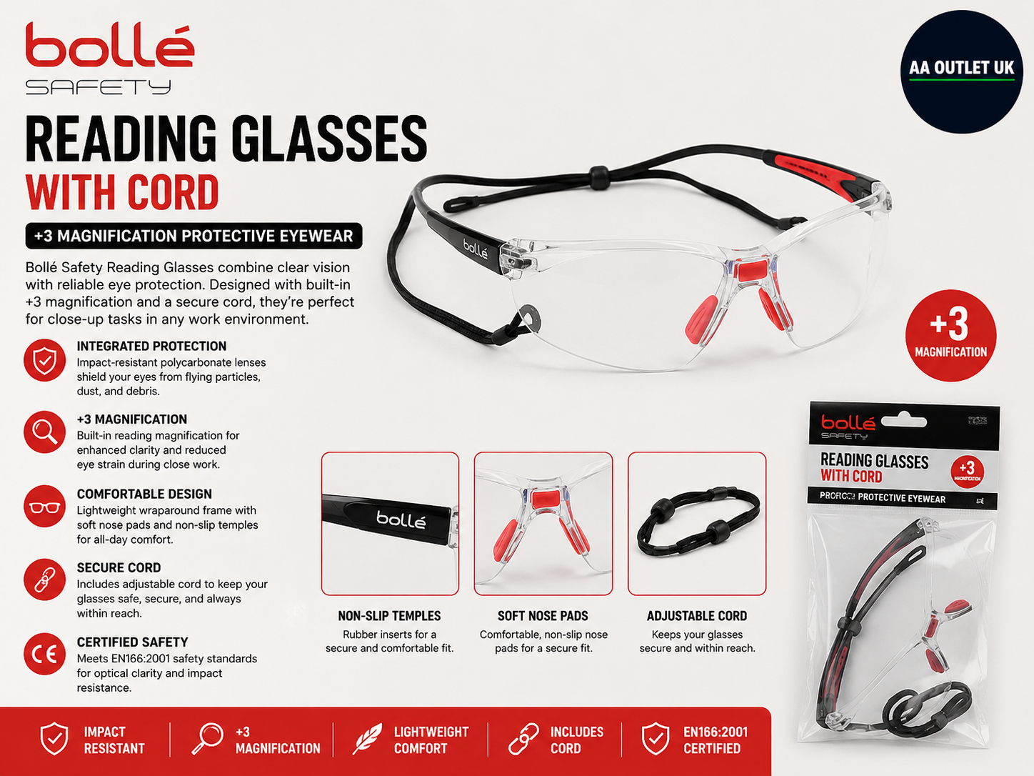Bolle Safety Reading Glasses Cord +3 Magnification Protective Eyewear Design