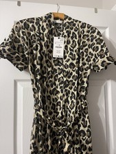 NWT Zara -Leopard Print Cotton Midi Dress-tie Belt-Button Front- Pockets-Size XL