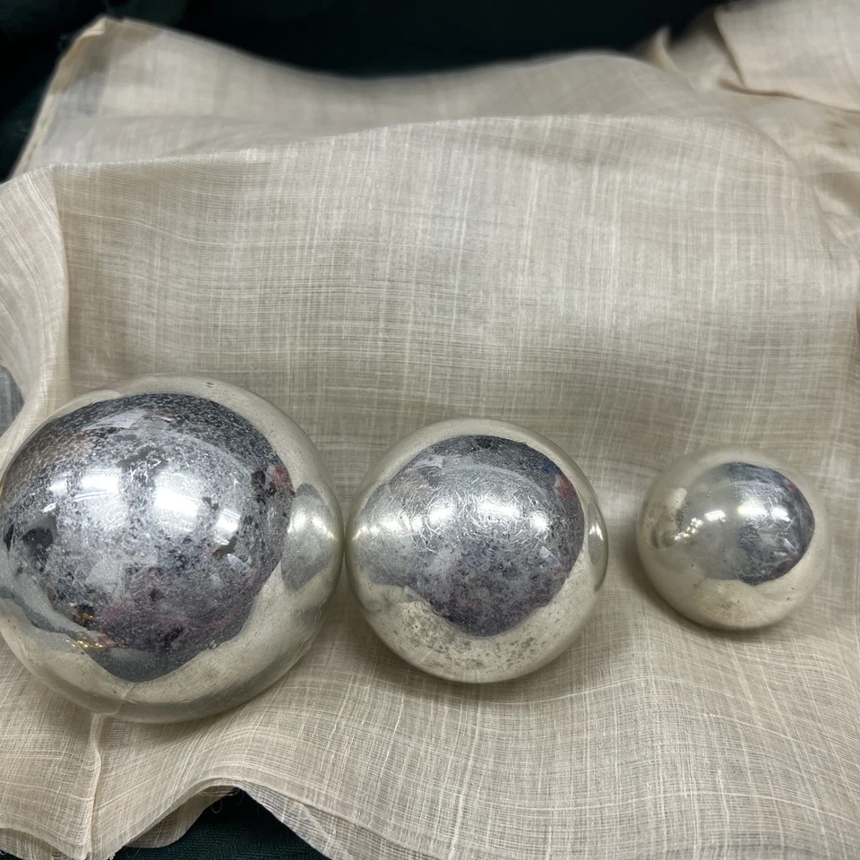 3 Antique Silver Kugel Ornaments Mercury Glass  Brass Cap Antique Finish - Image 2 of 4