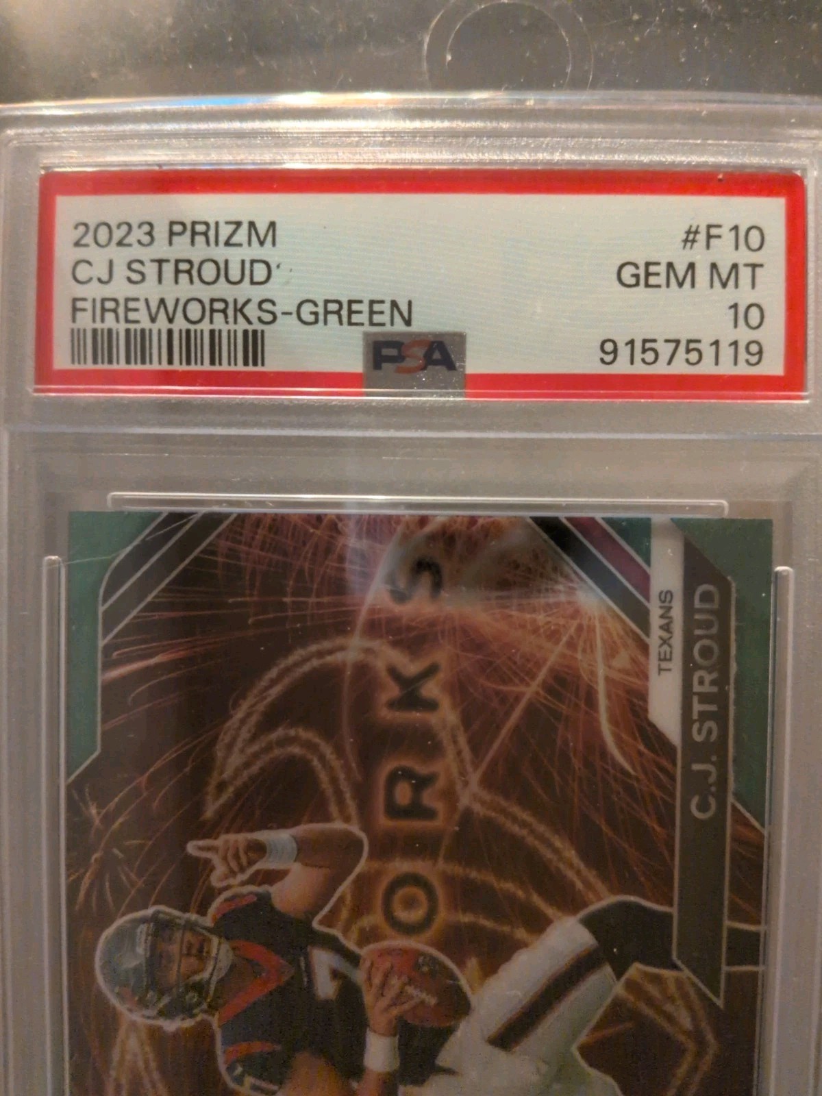2023 Panini Prizm CJ Stroud Fireworks Green #F10 PSA 10 view 2