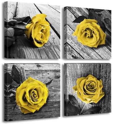 JiazuGo Yellow Rose Canvas Wall Art Decor, 4-Piece Rustic Floral Picture 12x12