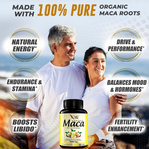 Organic Maca Root Capsules Black, Yellow, Red Strongest 1500 mg