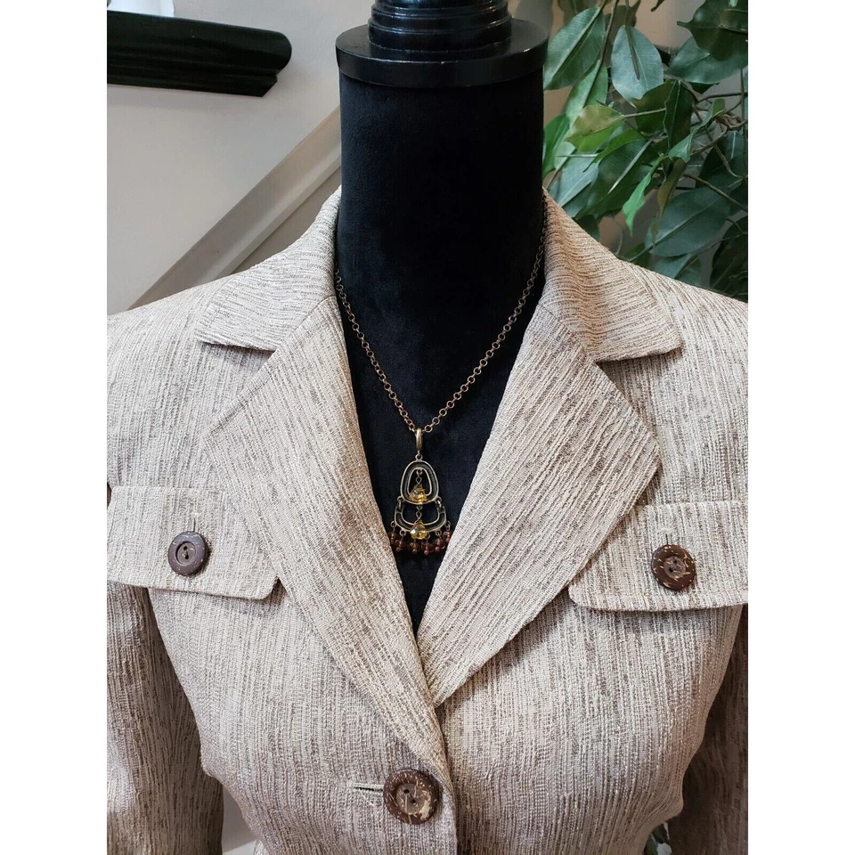 Chaqueta Blazer Tahari Arthur S Levine Para Mujer Beige Tweed Cinturón Botón Frontal 4 Foto 2 de 4