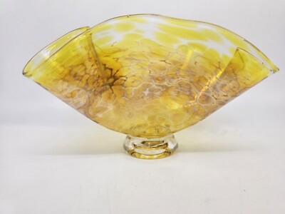 Handblown Handmade Yellow Iridescent Signed David Read Hankercheif Artglass Bowl