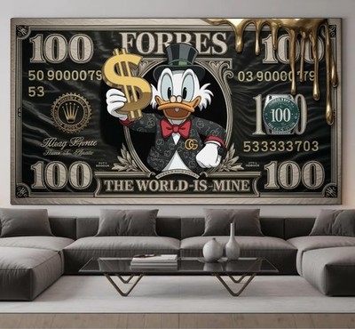 XXL LEINWAND BILD BIS 185x100x5 DAGOBERT-DUCK GELDSCHEIN DOLLAR WANDBILD DISNEY