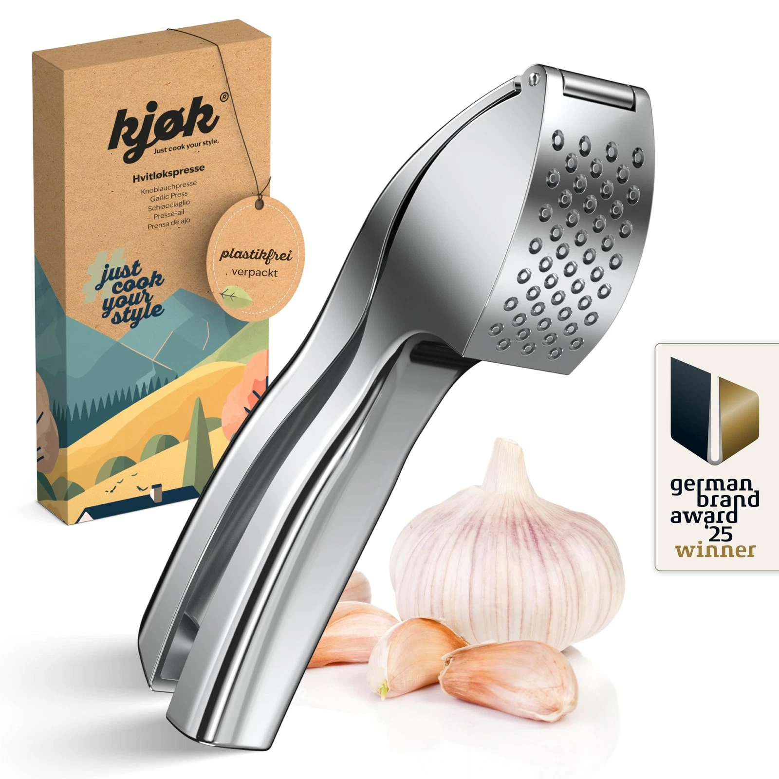 Premium Garlic Press Zinc Alloy in Chrome Gloss Professional Garlic Pre...
