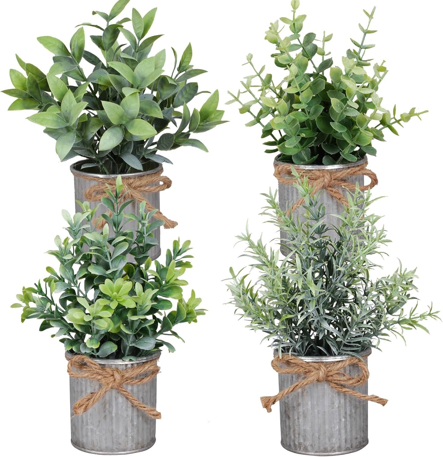 Small Artificial Plants Set of 4 Fake Potted Plant with Iron Pot Mini Greenery D