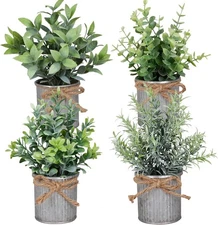 Small Artificial Plants Set of 4 Fake Potted Plant with Iron Pot Mini Greenery D