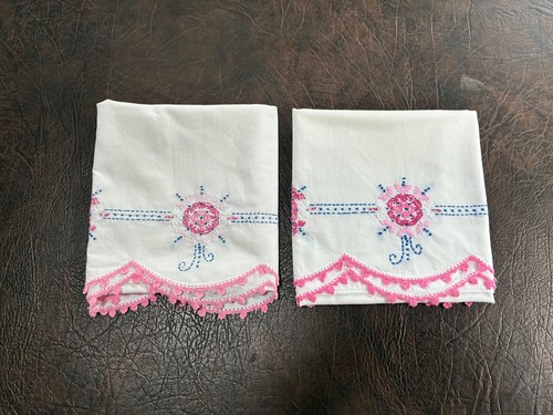 Set Of Vintage Pillow Cases Hand Embroidery Pink Floral with Crochet Edge