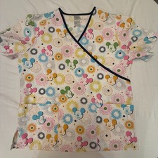 Disney Uniform Scrub Top Mickey Mouse Pastel Print Medium Preowned X-36 