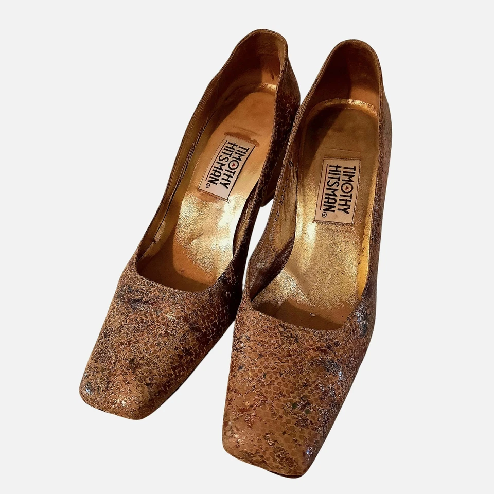 Zapatos de salón de colección TIMOTHY HITSMAN de cuero en relieve de serpiente tostado/dorado/multi talla 9 Foto 3 de 4