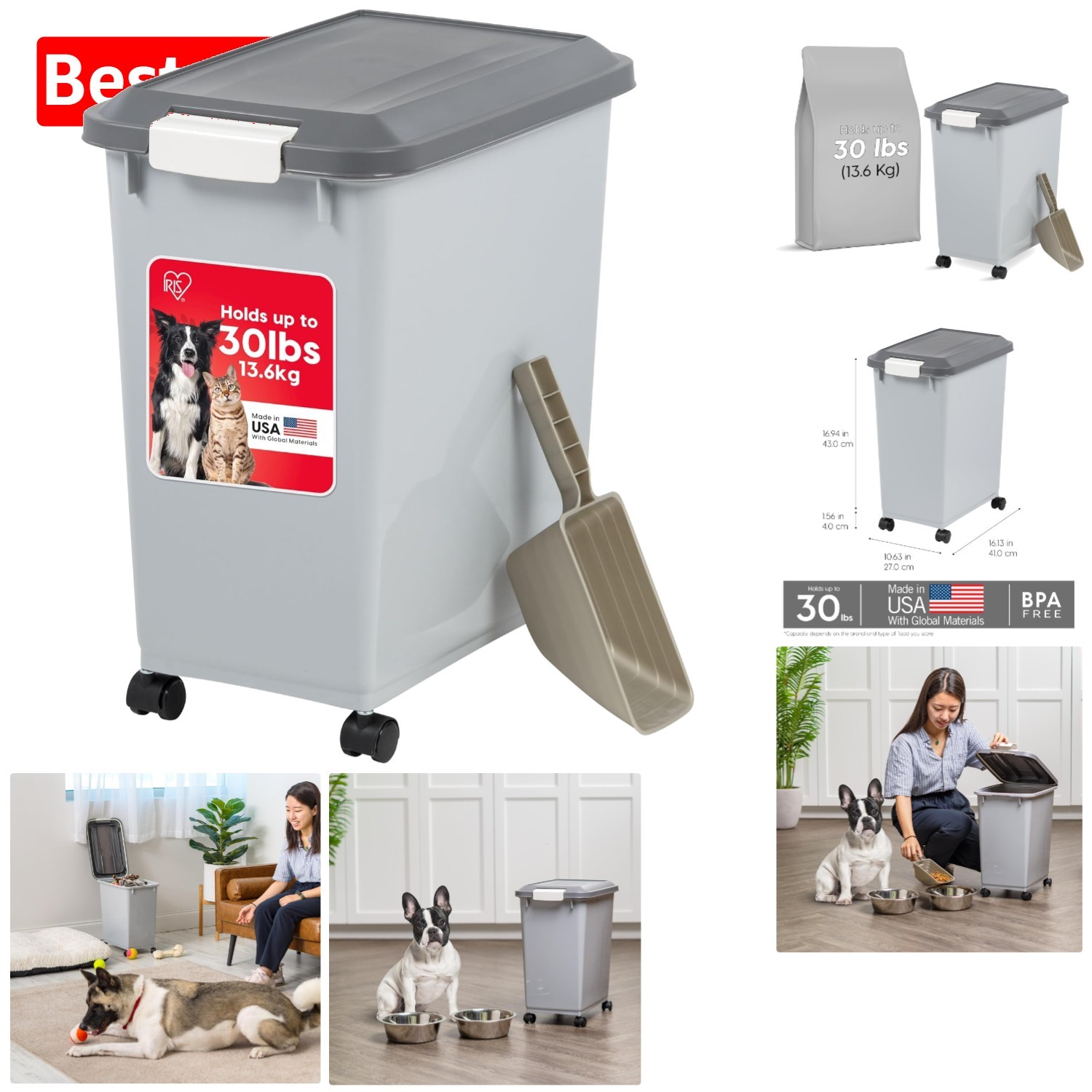 Bin With Built-in Scoop & Rolling Wheels For Easy Use