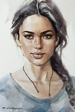 Original watercolor painting. Beautiful girl portrait. Minimalist illustration