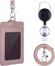 Retractable Badge Holder with Lanyard, Double Sided PU Leather ID Card Holder wi