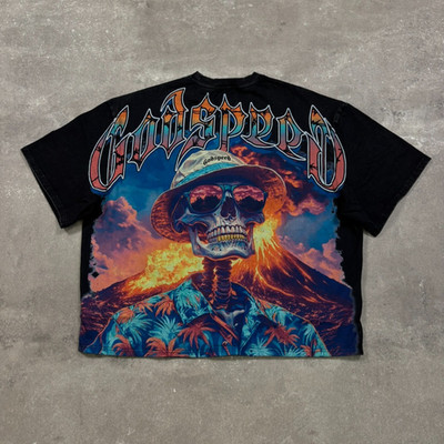 Godspeed Natural Disaster T-Shirt Washed Black Skull Volcano Graphic