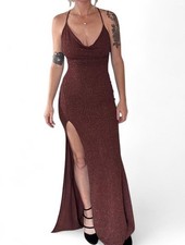 Windsor Fairy Grunge Maxi Dress Small Brown Sparkly Glittery Cowl Neck Glam Y2K