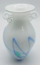Bud Vase Art Glass White with Blue and Green Geometric Pattern and Clear Handles