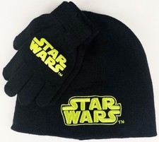 Star Wars Kids Black Knit Beanie Hat  Gloves Set Neon Logo Winter Cap