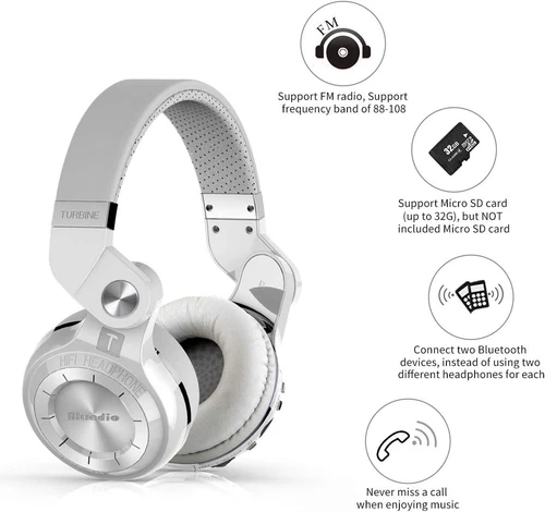 Bluedio T2 Plus Turbine Auriculares Inalámbricos Bluetooth con Micrófono/Micro SD Blanco - Imagen 3 de 9