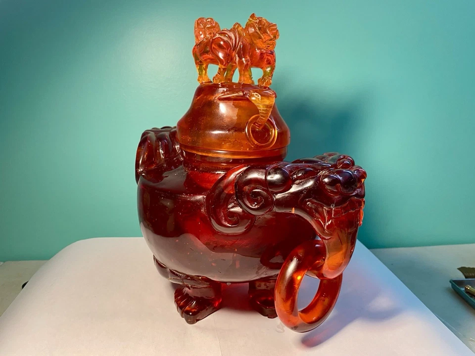 Estatuilla quemador de incienso dragón chino ámbar resina roja tallada de colección Foto 4 de 4