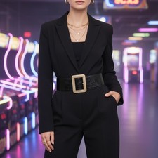 Women Black Faux Crocodile Stamped Leather Wide Belt Gold Metal Buckle Size S M