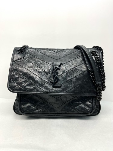 YSL Niki Medium Black Vintage Oil-wax Leather Shoulder Crossbody Bag Duty Paid
