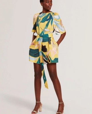 Ted Baker Playsuit Damen TB 2 UK 10 Tiani gelb bedruckt Flatterärmel Gürtel