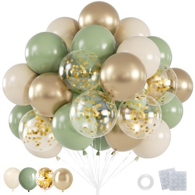 60 Globos Verde Salvia Dorado Blanco Confeti Decoracion Para Cumpleaños De Niños
