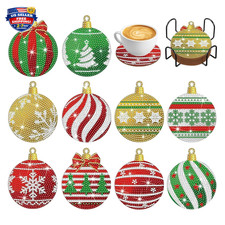 Christmas Diamond Art Coasters Kit, 10 Pieces, 5D Painting Set with Stand, Heat