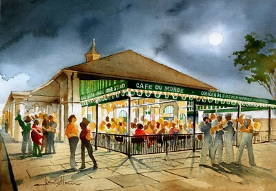 BELLA TERRA Cafe du Monde, New Orleans French Quarter. Full moon. James Mann art notecards