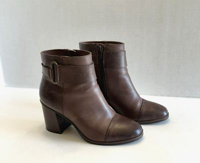 Korks Decola Ankle Boots Women's Brown Leather Block Heel Booties Cap Toe Sz 6M
