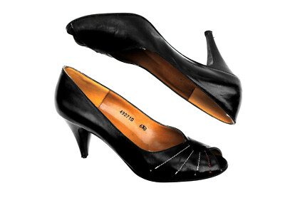 1960s Black Sunburst Stitch Stiletto Leather Palizzio Pumps w/ Box Shoe Size 6.5
