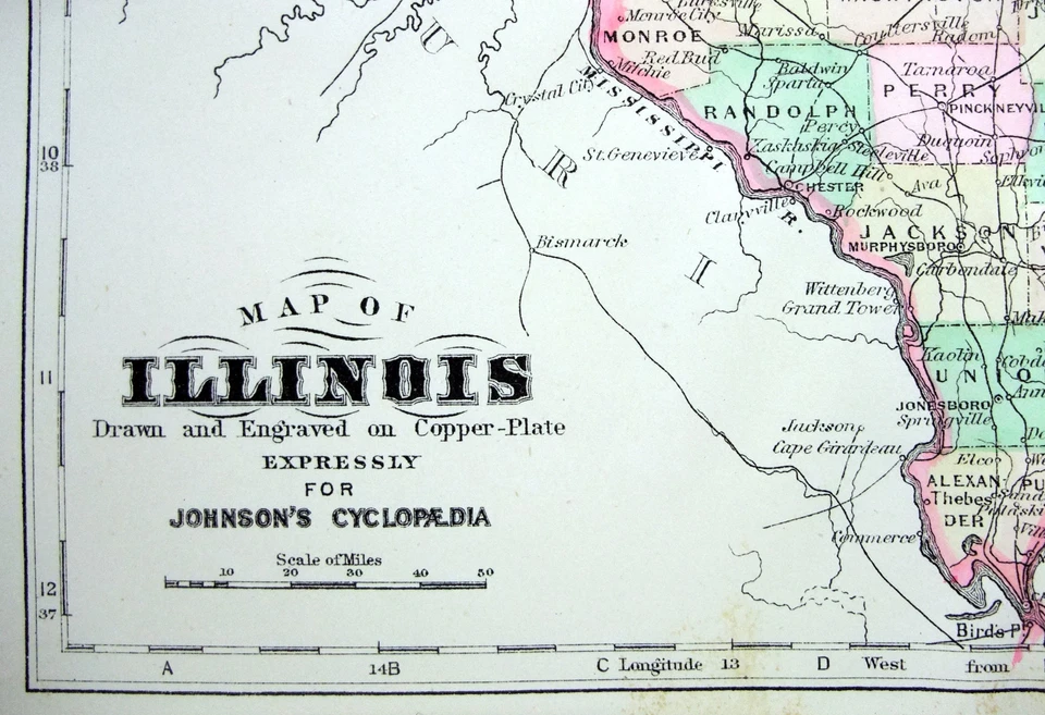Illinois - Mapa original de placa de cobre de 1895 por A. J. Johnson. Antiguo Foto 3 de 3