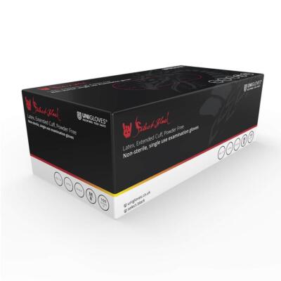 Box 100 Unigloves Select Black Strong Long Cuff Latex Disposable Gloves ...