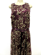 Tahari Embroidered Sleeveless Dress Burgundy Gold Size 12 Midi NWT