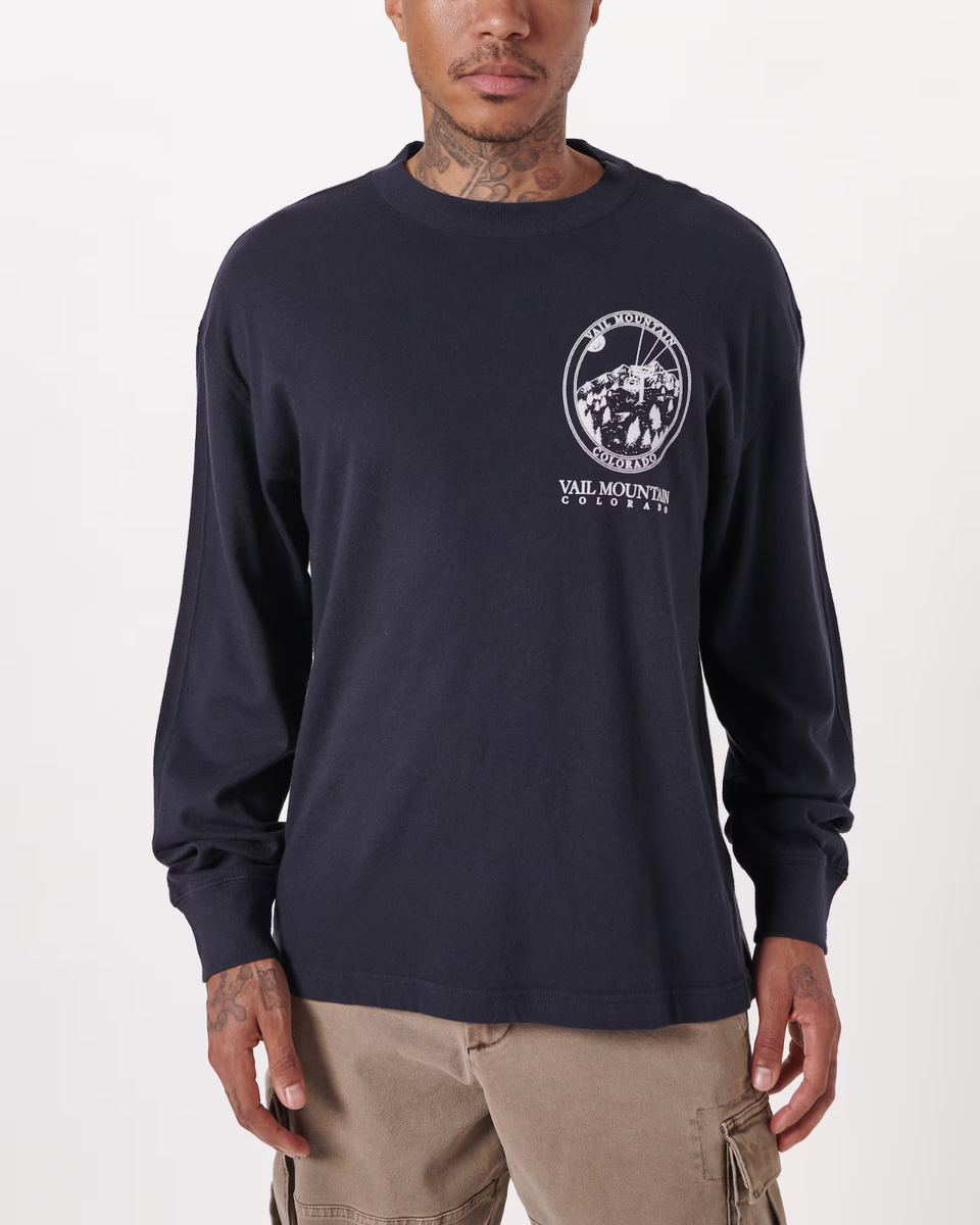 Abercrombie & Fitch Long-Sleeve Ski Graphic Tee Men's Soft T-Shirt