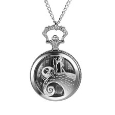 Pocket Watch Skeleton Half Hunter Case Skull Head Dial Quartz Wristwatch w/Chain