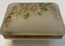 Frosted Glass Jewelry Trinket Box Brass Hinged Lid Floral Vintage Rectangular