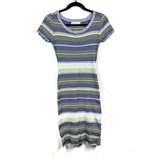 Summer & Sage Womens Sweater Dress Yellow Gray Stripe Ribbed Knit Short Sleeve S