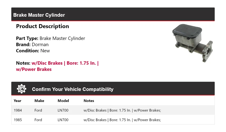 Главный цилиндр тормоза для 1984-1985 Ford LN700 Dorman - Изображение 2 из 4