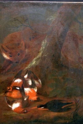 Barockes Jagd Ölgemälde um 1750, Fuchs stiehlt die Jagdbeute / Jagdliches Motiv - Bild 1 von 4