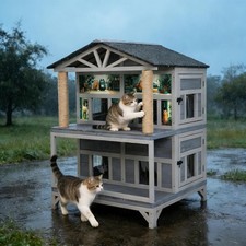Double-Layer Feral Cat House 50" Tall Weatherproof Outdoor Cat Shelter Gray
