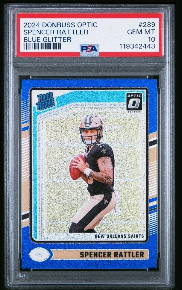 Spencer Rattler 2024 Donruss Optic #289 Blue Glitter SP PSA 10