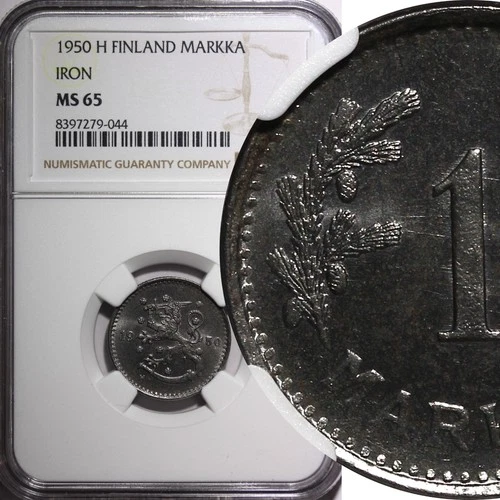 Finland Iron 1950 H 1 Markka NGC MS65 TOP GRADED BY NGC KM# 30b (044)