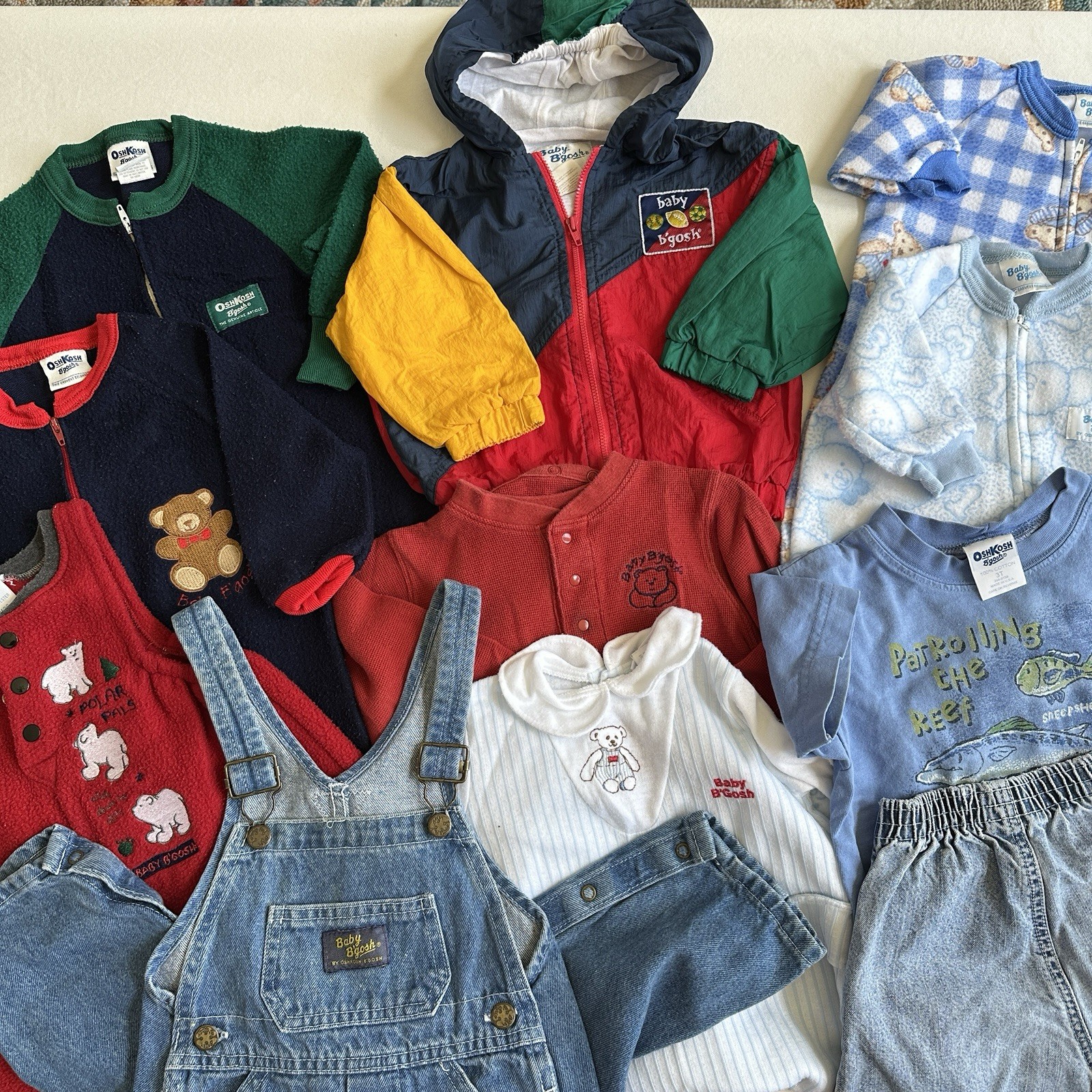 Vintage Oshkosh B’Gosh Baby Toddler  LOT 11 Pieces Bundle Overalls Footed Fleece