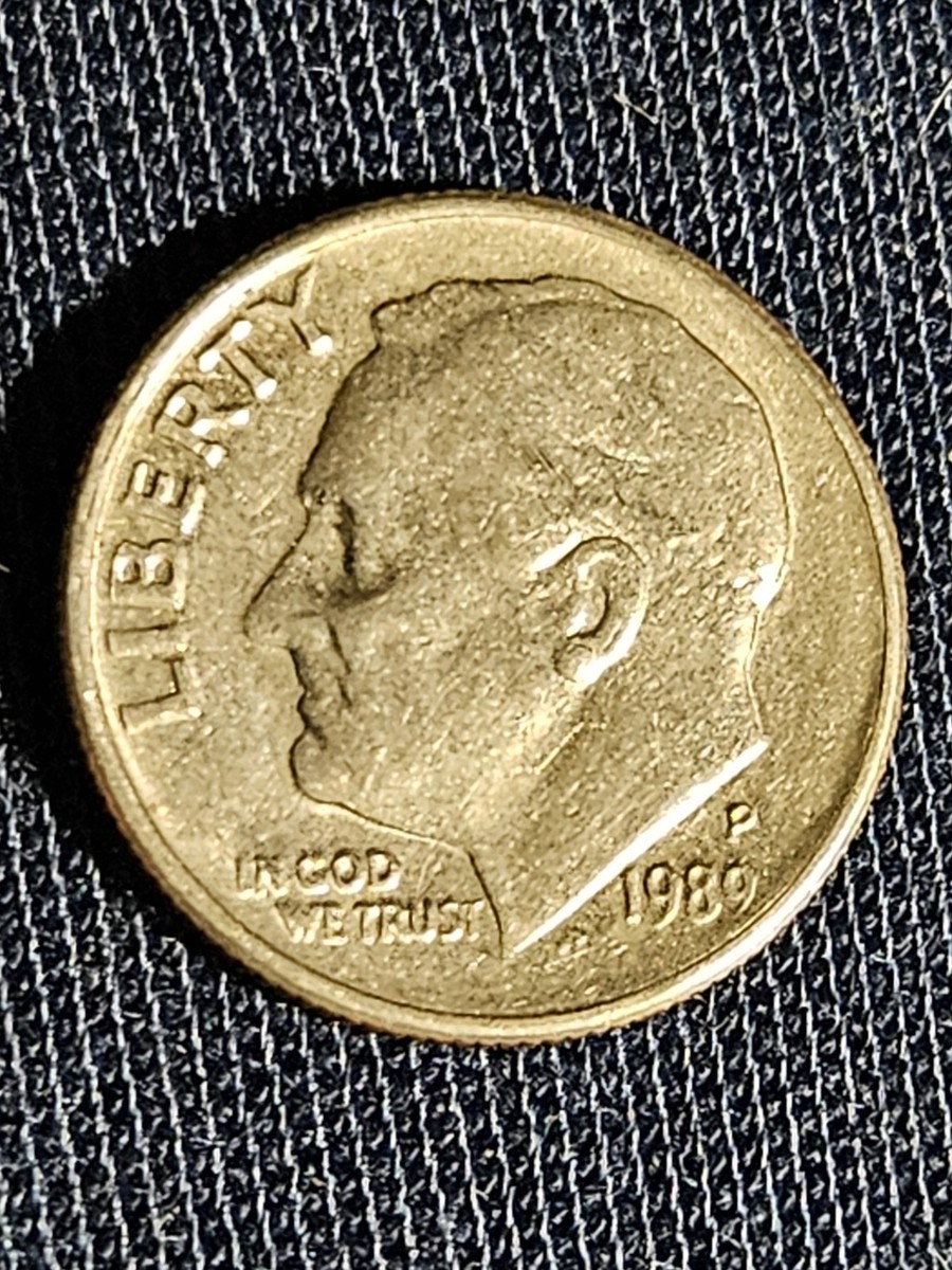 1989 P Roosevelt Dime Errors Struck Off Center, Letters On Rim, 