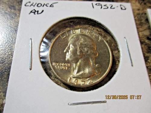 1952-D WASHINGTON SILVER QUARTER CHOICE AU       58