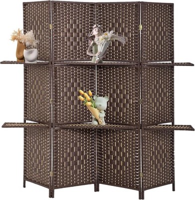 4-Panel Folding Room Divider with Shelves, 5.9ft Wooden Privacy Screen, Brown,
