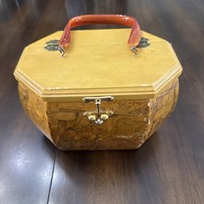 Vintage Mid-Century Octagonal Wood Decoupage Box Purse  Lucite Handle  Brass