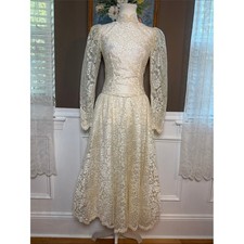 Vintage 80s Mori Lee Ivory Lace Tea Length Wedding Dress XS